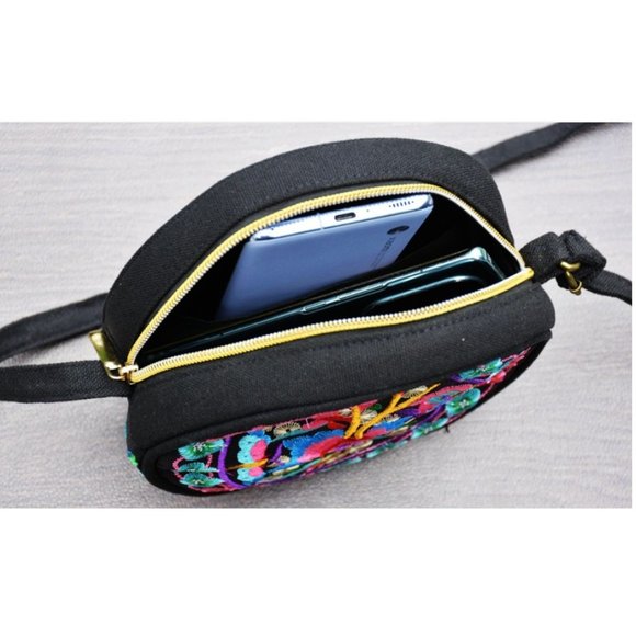 Embroidered Round Shoulder Bag Bright Multi Color Floral bag adjustable strap - Picture 6 of 7